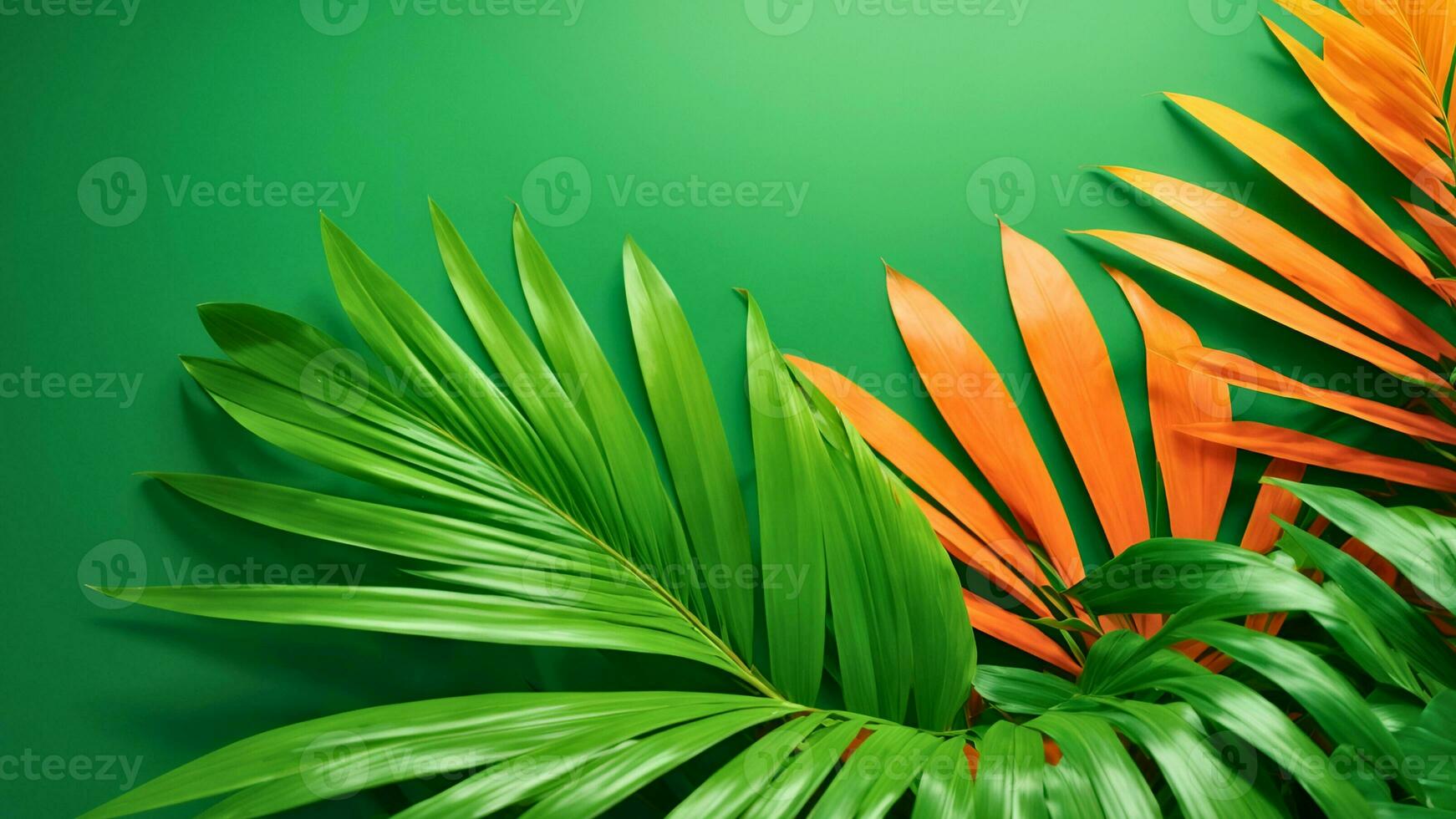 AI generated Tropical palm leaves on green background. Flat lay with copy space photo