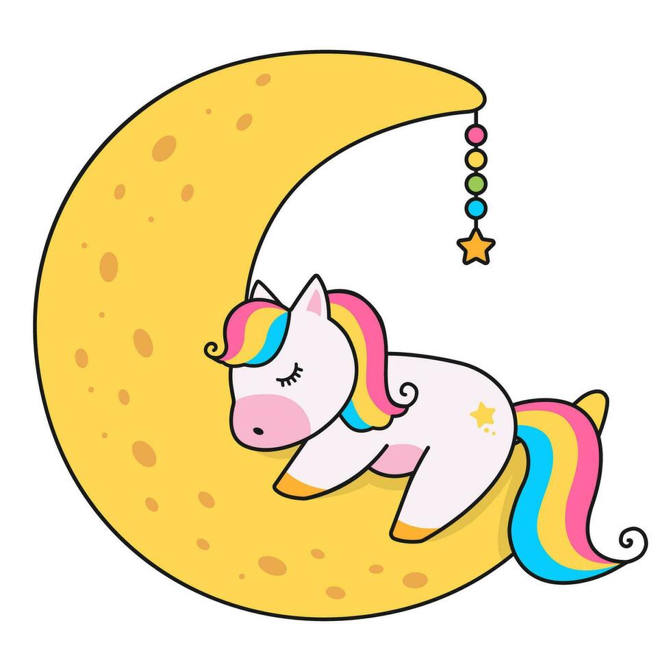 linda mágico personaje de unicornio dormido en el Luna. dibujos animados vector ilustración.