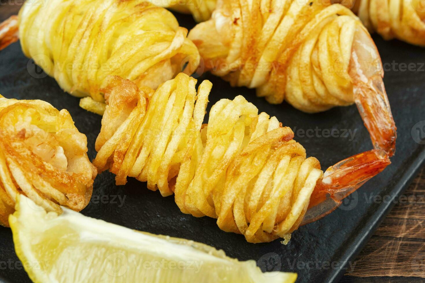 Rolled potato shrimps,close up. photo