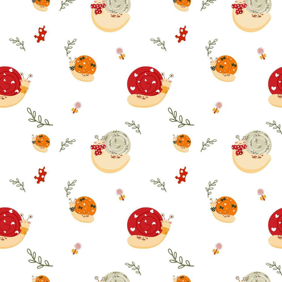 Cute snail with leave seamless pattern vector