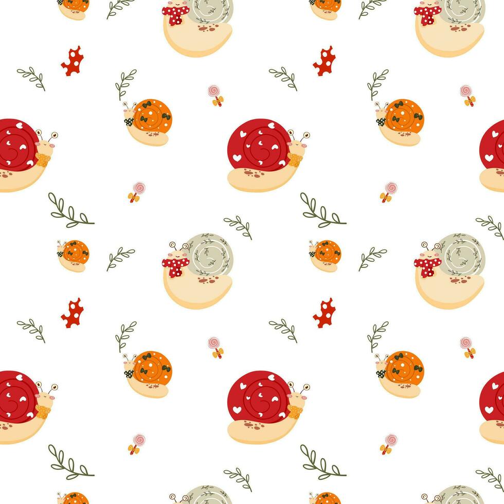 Cute snail with leave seamless pattern vector