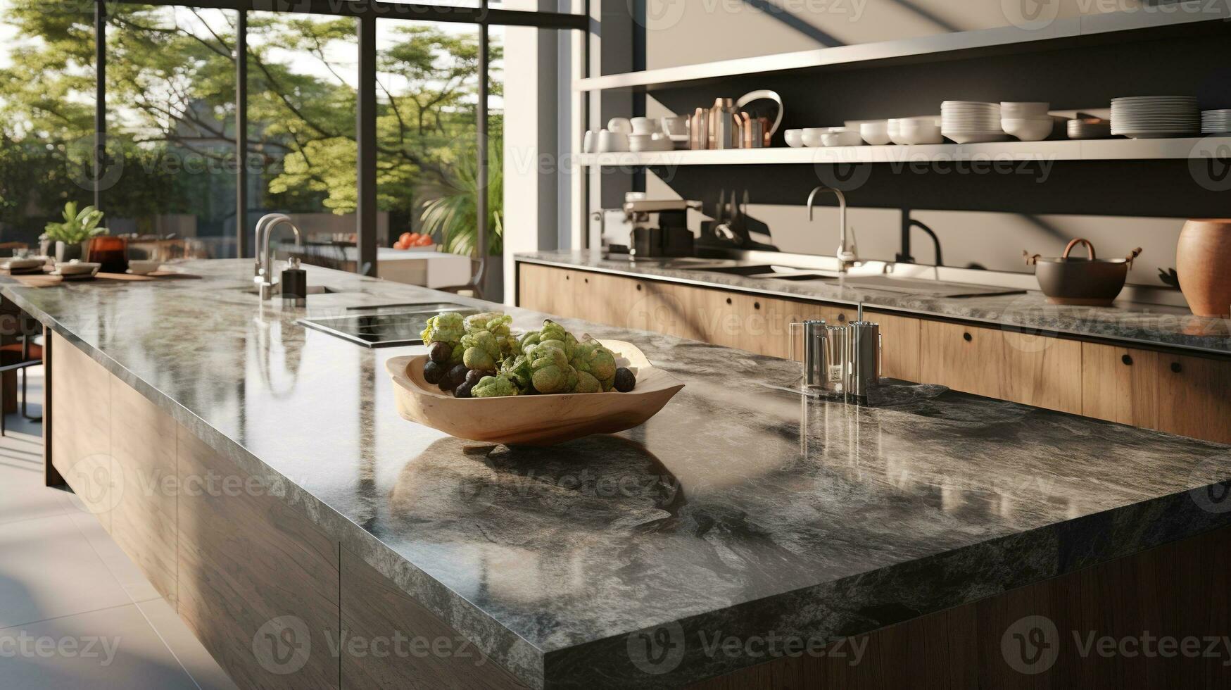 AI generated Modern Marble Granite Kitchen for Product Display photo