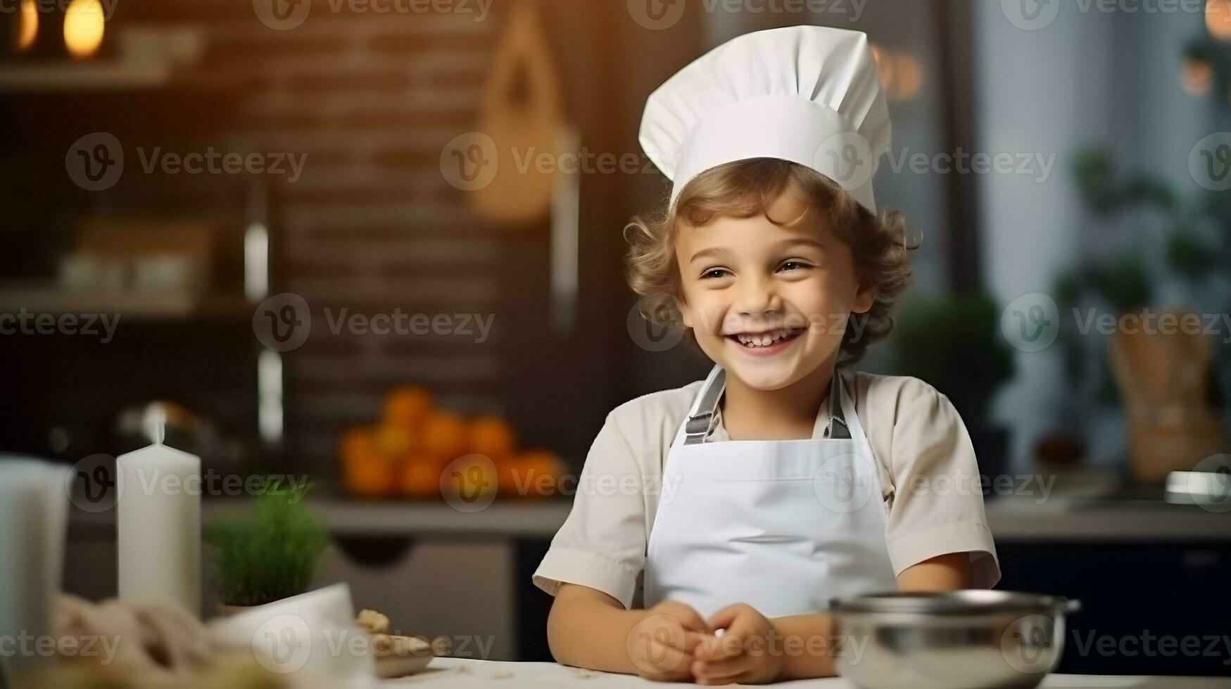 AI generated Caucasian kid with smile dressed as a chef in the kitchen. photo