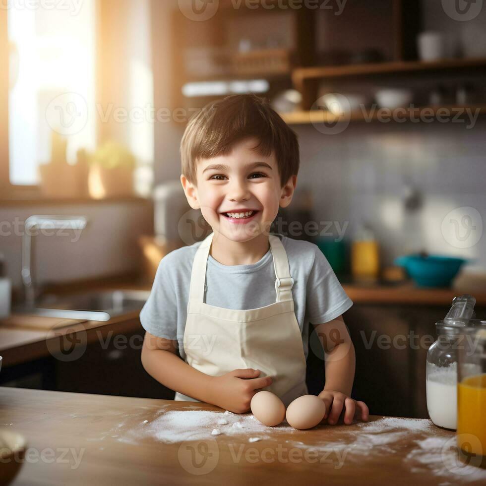 AI generated Caucasian kid with smile dressed as a chef in the kitchen. photo