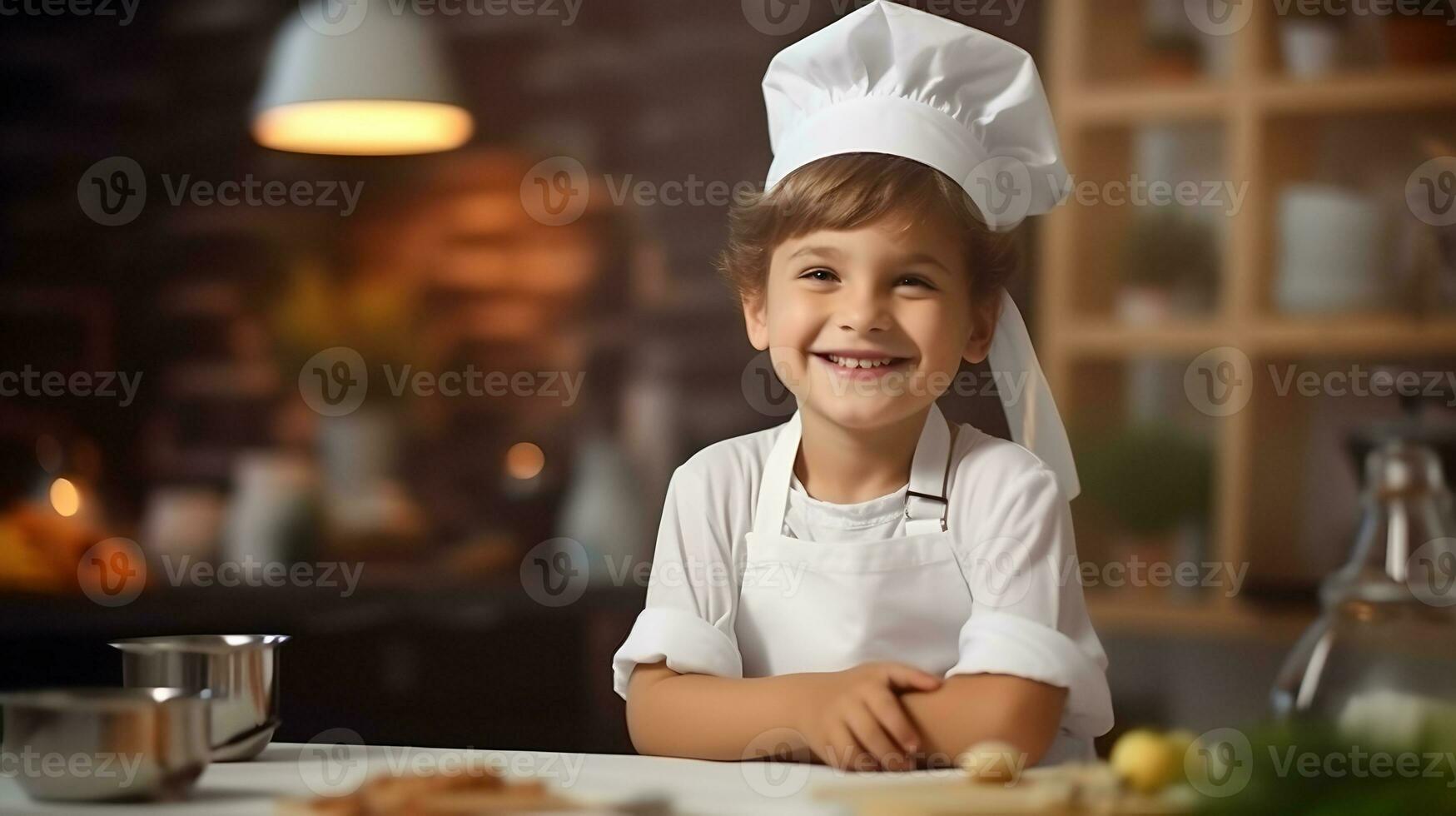 AI generated Caucasian kid with smile dressed as a chef in the kitchen. photo