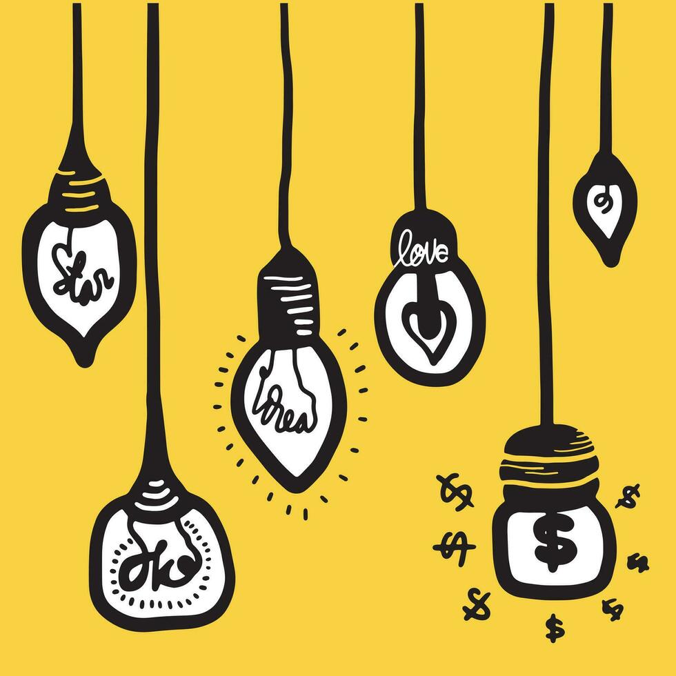 Hand drawn light bulb icons with concept of idea. Doodle style. Vector illustration.