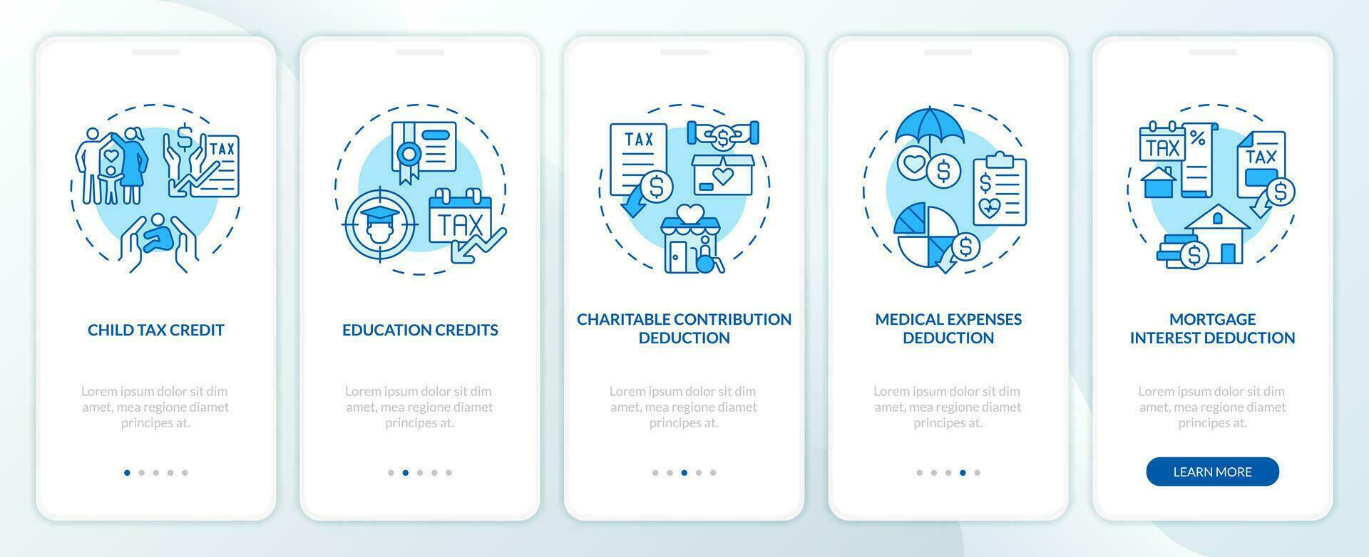 Specific tax benefits blue onboarding mobile app screen. Tax policies walkthrough 5 steps editable graphic instructions with linear concepts. UI, UX, GUI template vector