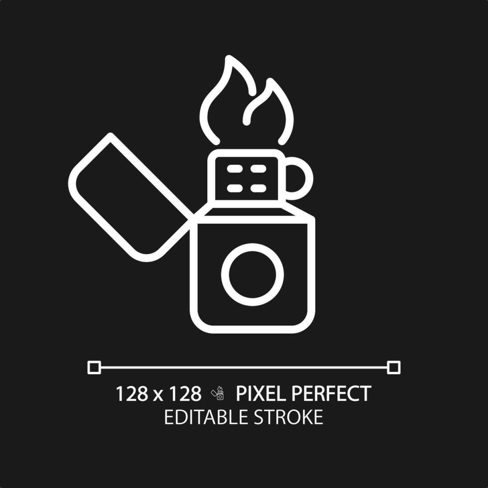 2D pixel perfect white lighter icon, isolated vector, editable hiking gear thin line illustration. vector