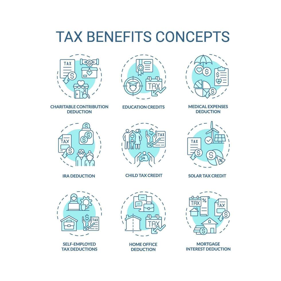 impuesto beneficios suave azul concepto iconos financiero planificación. fiscal políticas impuesto alivio y deducción. tipos de impuesto créditos icono embalar. vector imágenes redondo forma ilustraciones. resumen idea