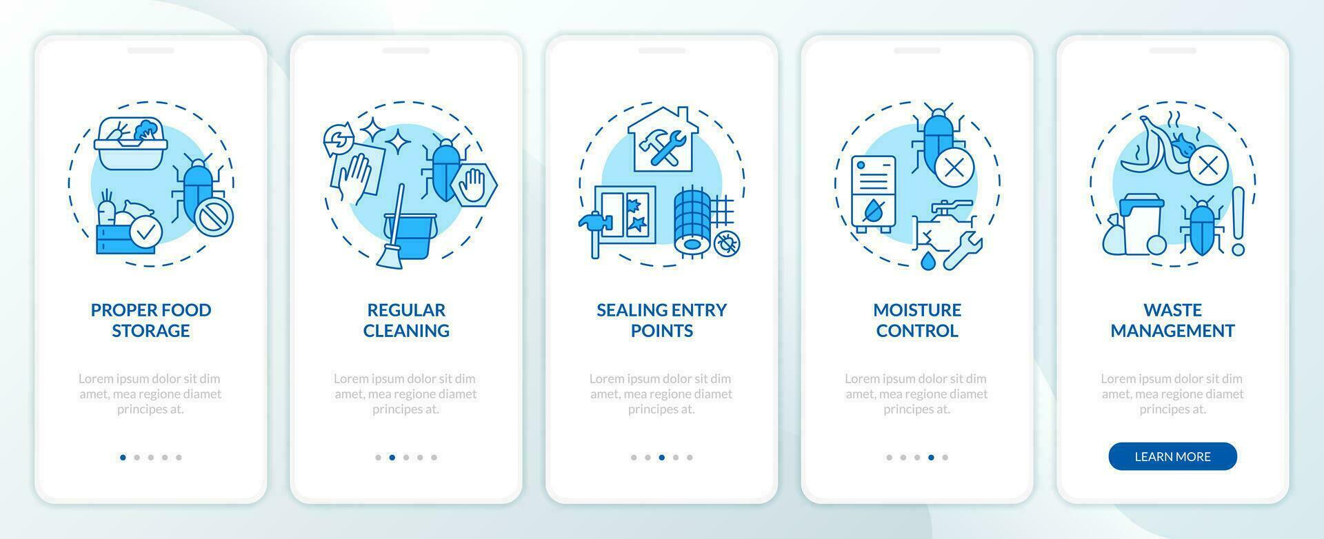 2D icons representing integrated pest management mobile app screen set. Walkthrough 5 steps blue graphic instructions with line icons concept, UI, UX, GUI template. vector