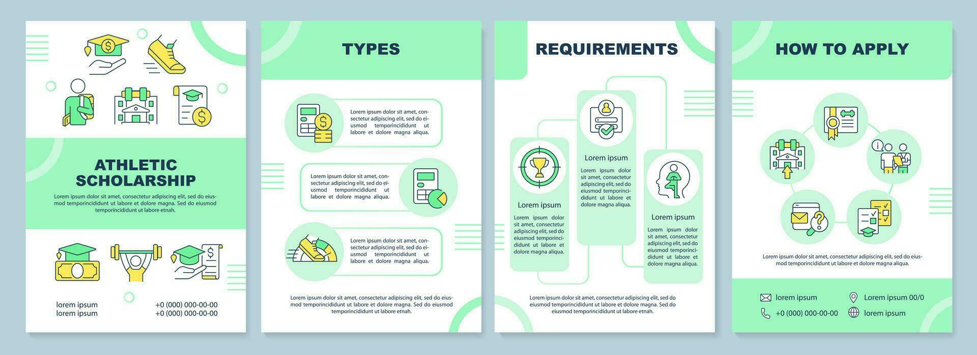 2D athletic scholarship green brochure template, leaflet design with thin line icons, 4 vector layouts.