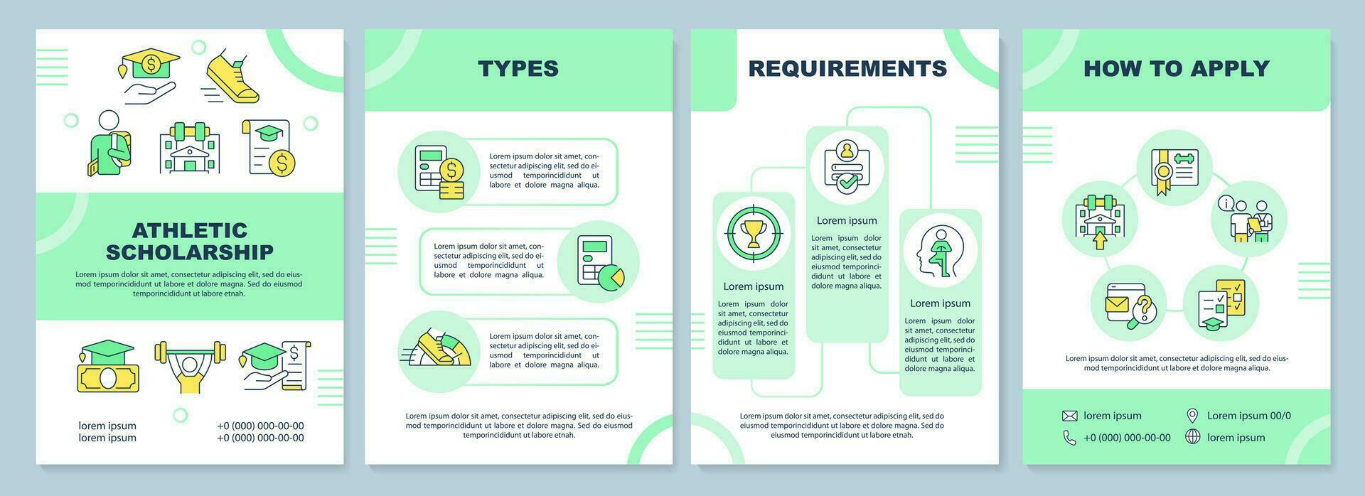 2d atlético beca verde folleto plantilla, folleto diseño con Delgado línea iconos, 4 4 vector diseños