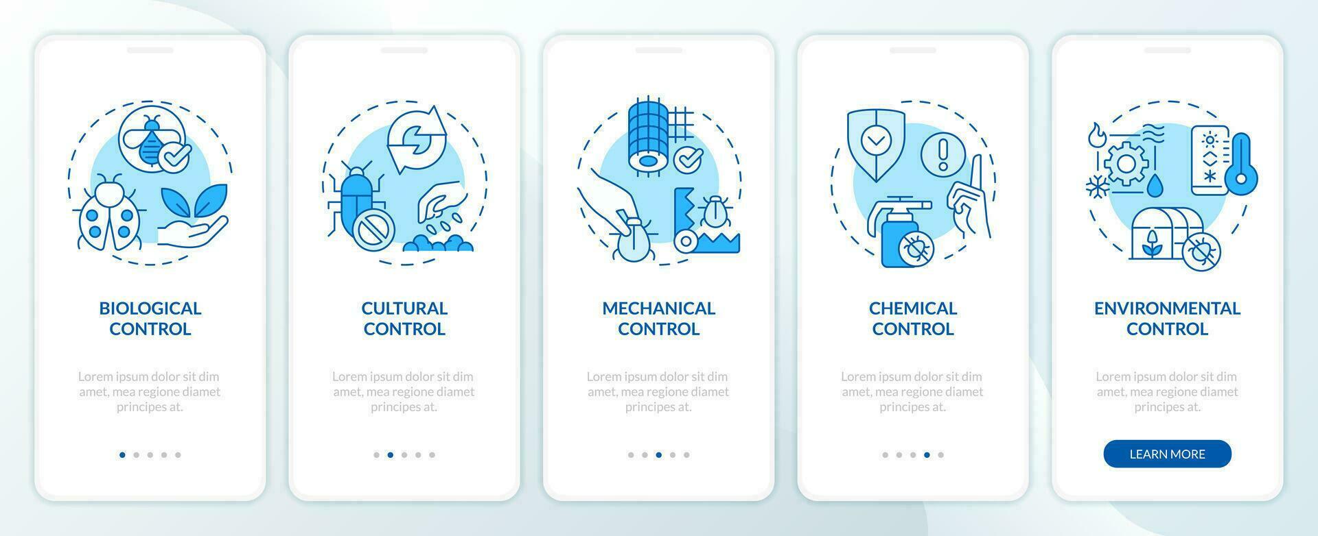 2D icons representing integrated pest management mobile app screen set. Walkthrough 5 steps blue graphic instructions with thin line icons concept, UI, UX, GUI template. vector