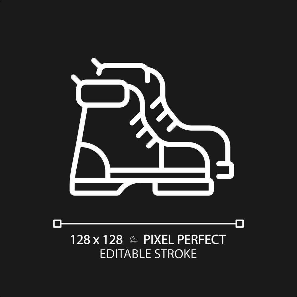 2D pixel perfect white hiking boot icon, isolated vector, editable hiking gear thin line illustration. vector