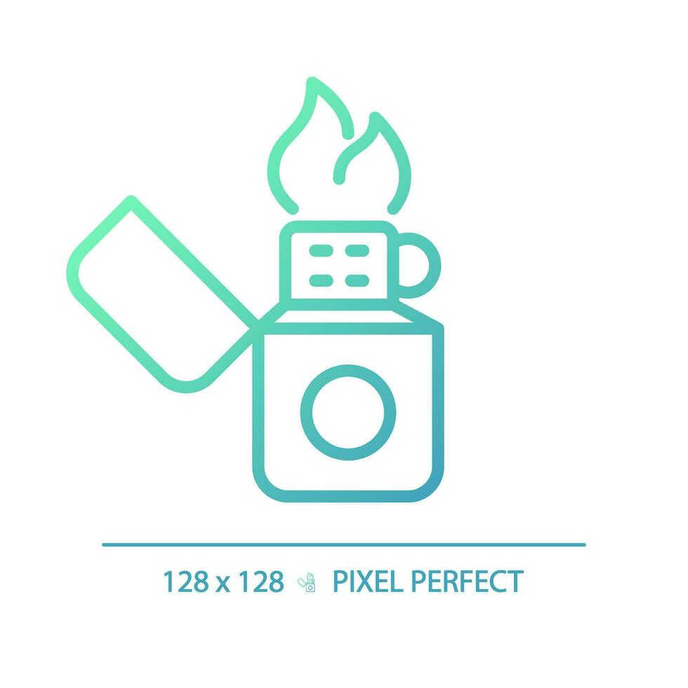 2D pixel perfect gradient lighter icon, isolated vector, green hiking gear thin line illustration. vector
