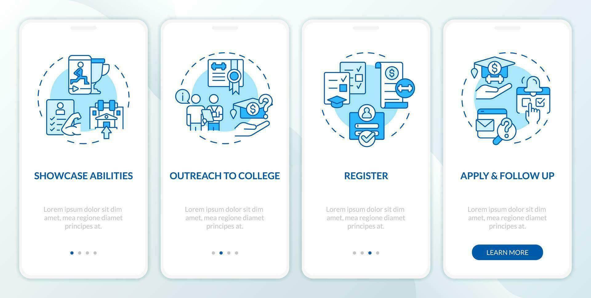 2D icons representing athletic scholarship mobile app screen set. Walkthrough 4 steps blue graphic instructions with thin line icons concept, UI, UX, GUI template. vector