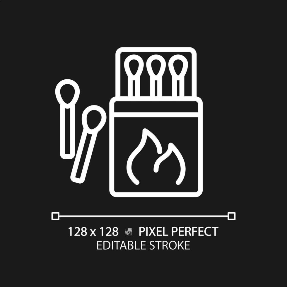 2D pixel perfect white match box and sticks icon, isolated vector, editable hiking gear thin line illustration. vector