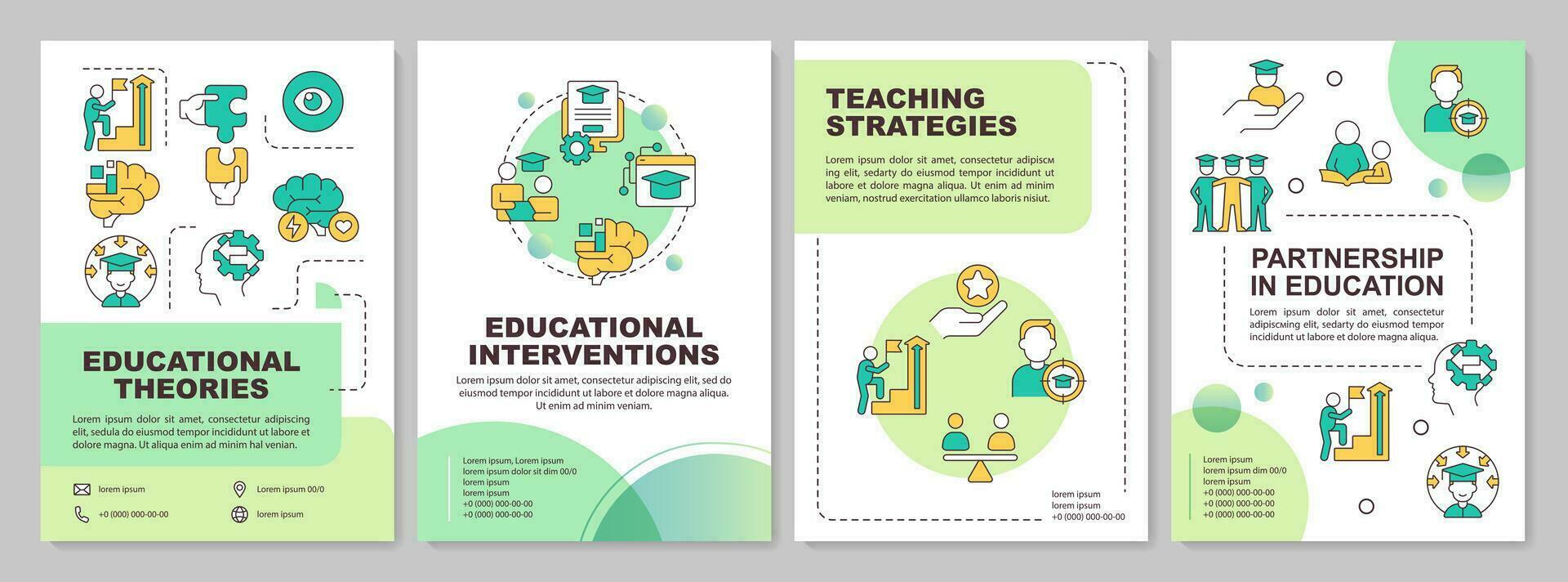 Creative gradient learning theories brochure template, leaflet design with thin linear icons, 4 vector layouts.