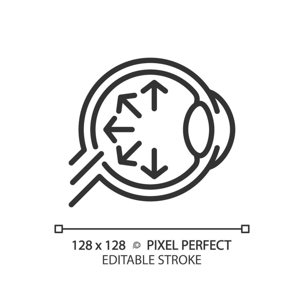 2D pixel perfect editable black eyeball with arrow symbols icon, isolated simple vector, thin line illustration representing eye care. vector