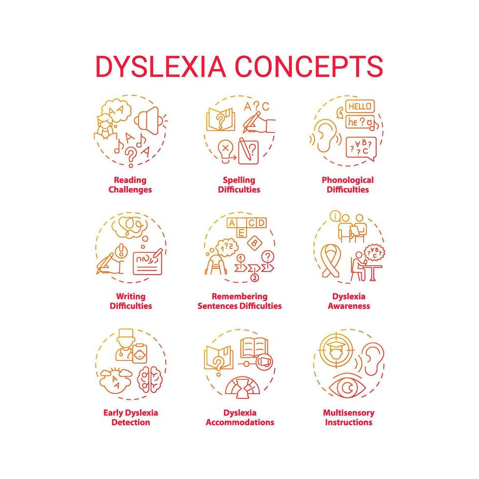 2D gradient red thin line icons set representing dyslexia, isolated vector, linear illustration. vector
