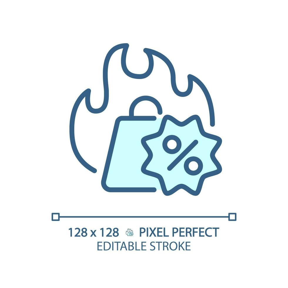 2D pixel perfect editable blue hot deal shopping icon, isolated monochromatic vector, thin line illustration representing discounts. vector