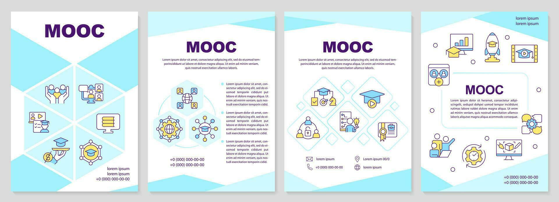 2D MOOC blue brochure template, leaflet design with thin line icons, 4 vector layouts.