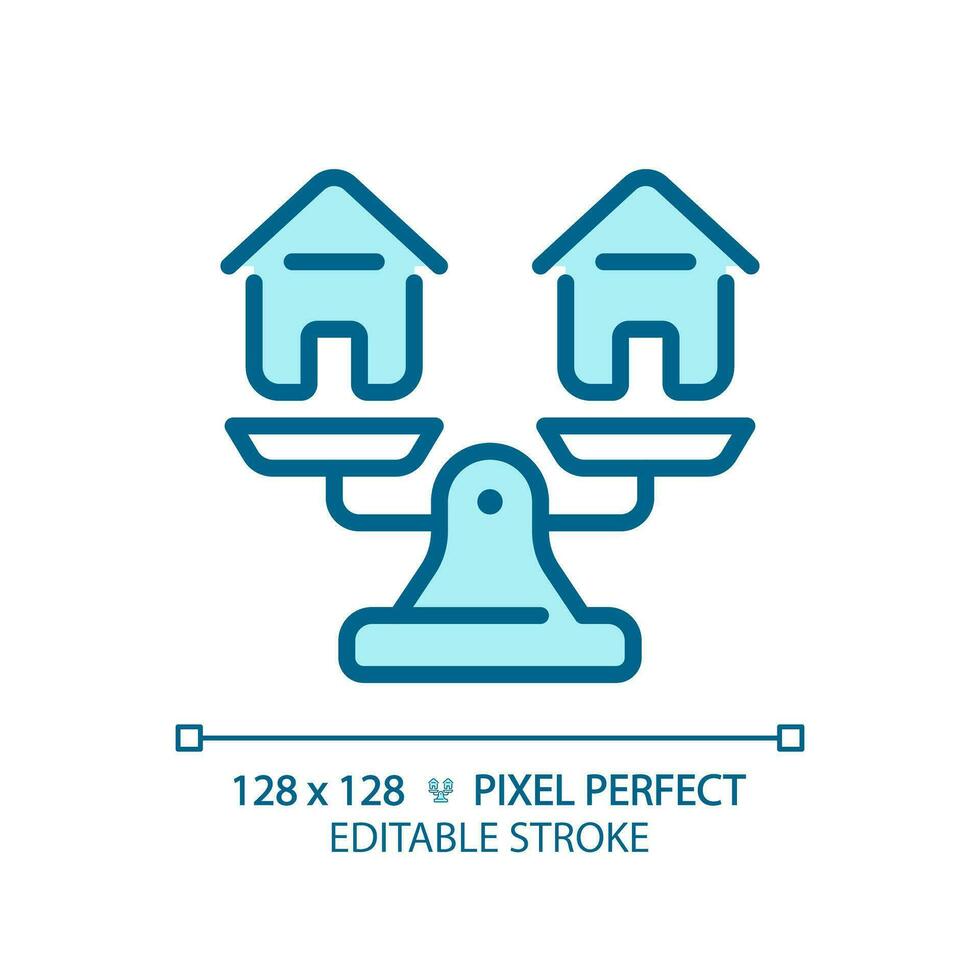 2D pixel perfect editable blue houses on weight scale icon, isolated vector, thin line illustration representing comparisons. vector