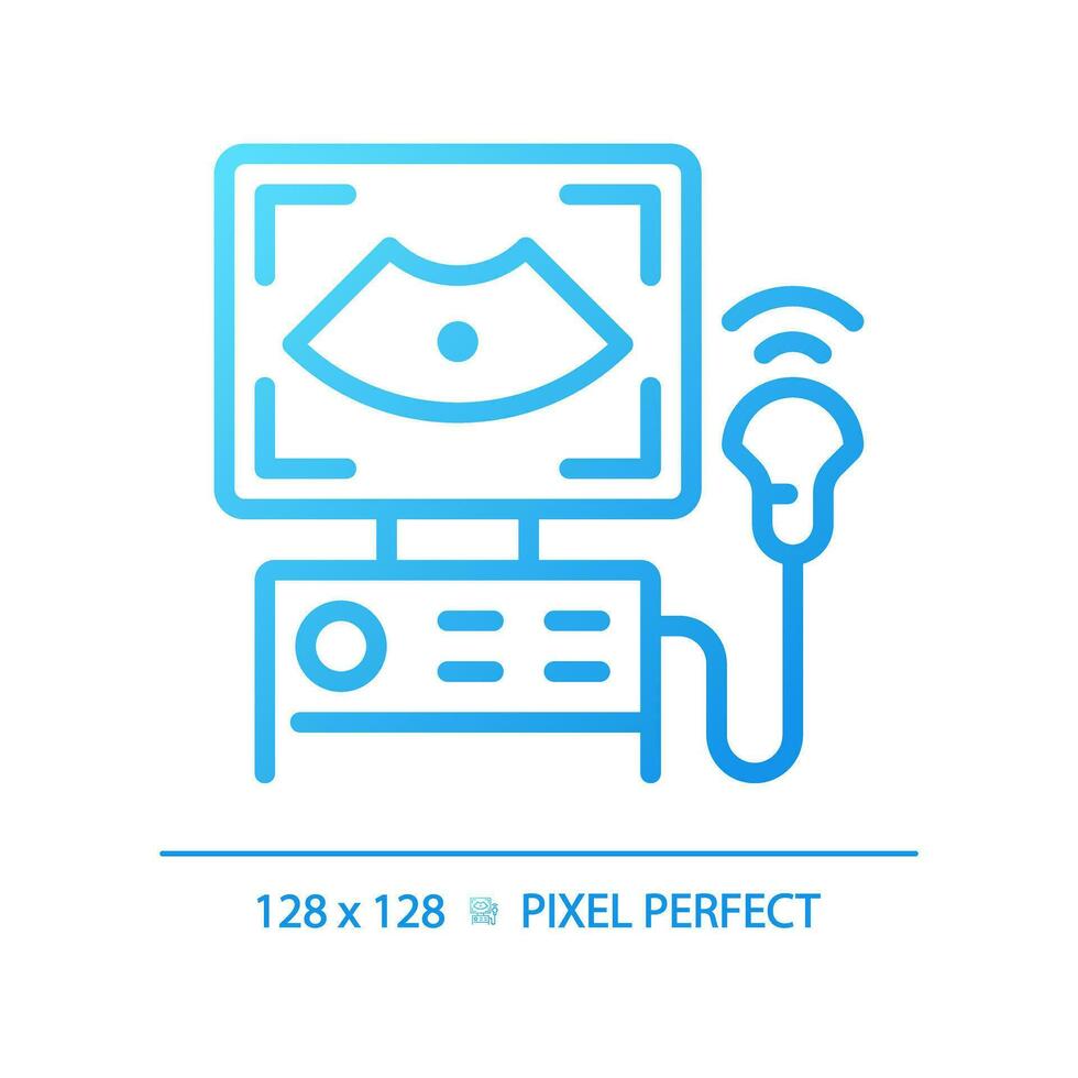 Ultrasound machine pixel perfect gradient linear vector icon. Pregnancy care. Medical imaging. Hospital equipment. Thin line color symbol. Modern style pictogram. Vector isolated outline drawing