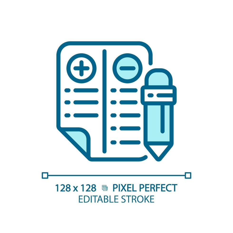 2D pixel perfect editable blue positive and negative points icon, isolated vector, thin line illustration representing comparisons. vector