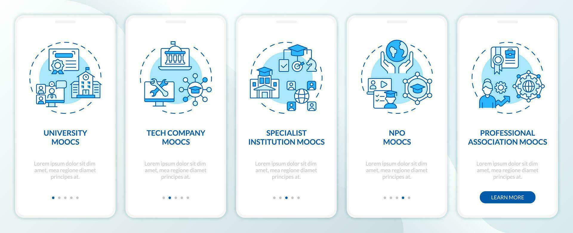 2D icons representing MOOC mobile app screen set. Walkthrough 5 steps blue graphic instructions with line icons concept, UI, UX, GUI template. vector