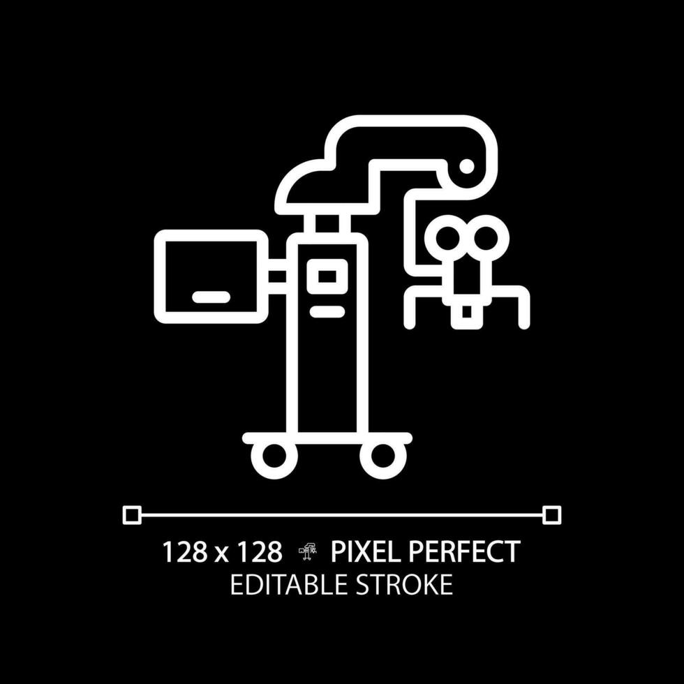 Surgical microscope pixel perfect white linear icon for dark theme. Medical optic. Operating room equipment. Precision tool. Thin line illustration. Isolated symbol for night mode. Editable stroke vector