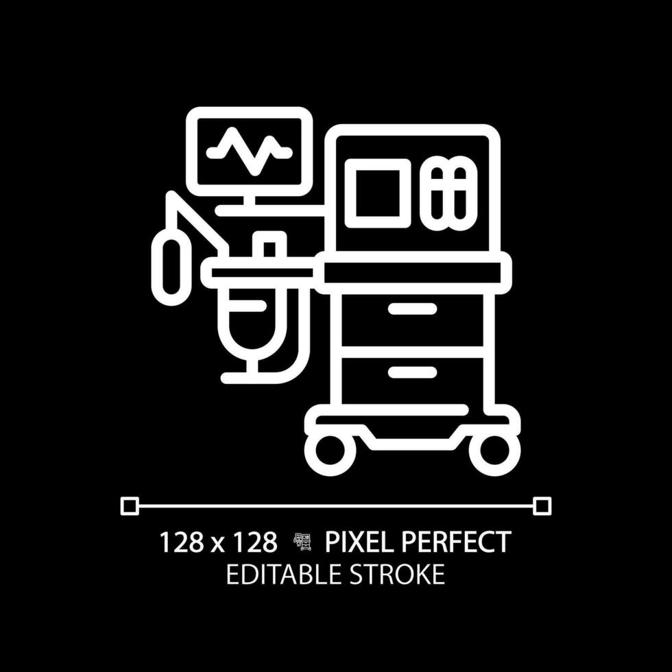 Anesthesia machine pixel perfect white linear icon for dark theme. Surgical equipment. Medical ventilator. Operating room. Thin line illustration. Isolated symbol for night mode. Editable stroke vector