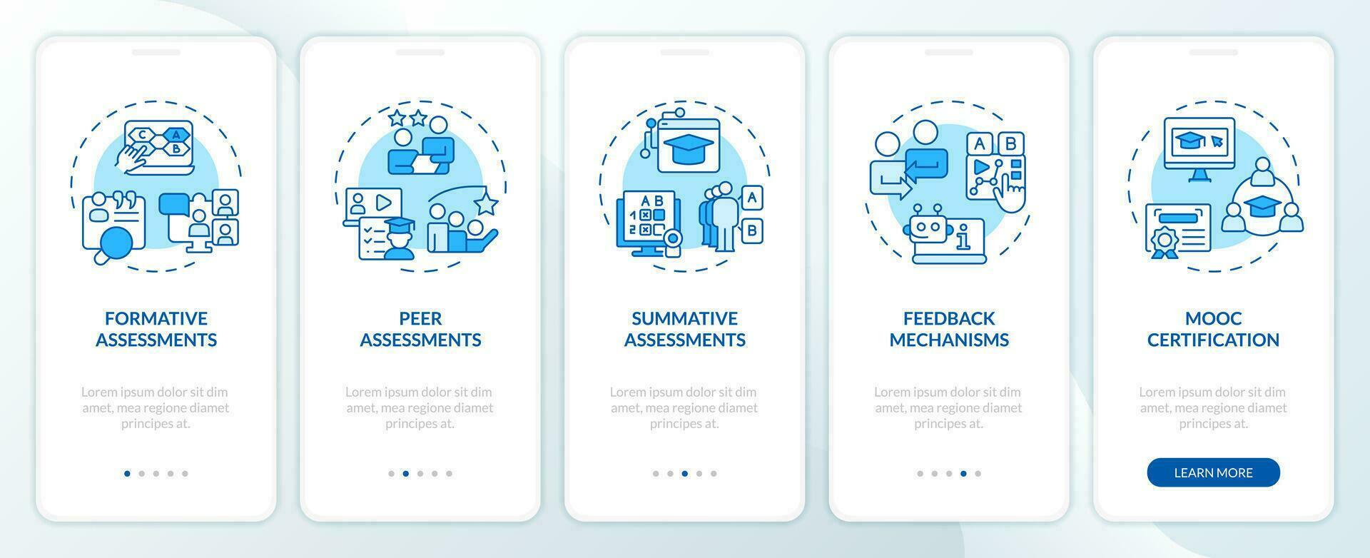 2D blue icons representing MOOC mobile app screen set. Walkthrough 3 steps monochromatic graphic instructions with line icons concept, UI, UX, GUI template. vector