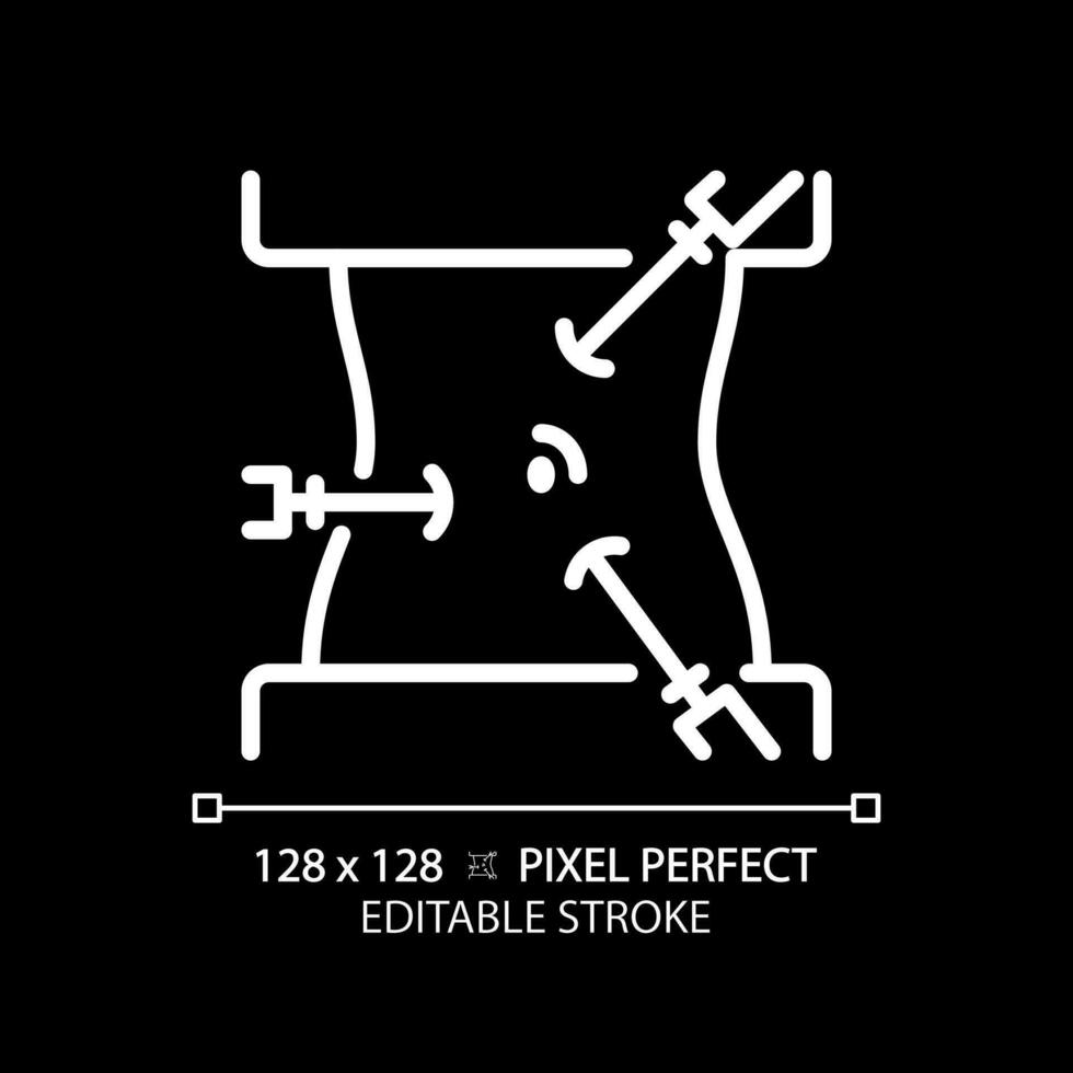 Laparoscope pixel perfect white linear icon for dark theme. Laparoscopic surgery. Minimally invasive procedure. Thin line illustration. Isolated symbol for night mode. Editable stroke vector