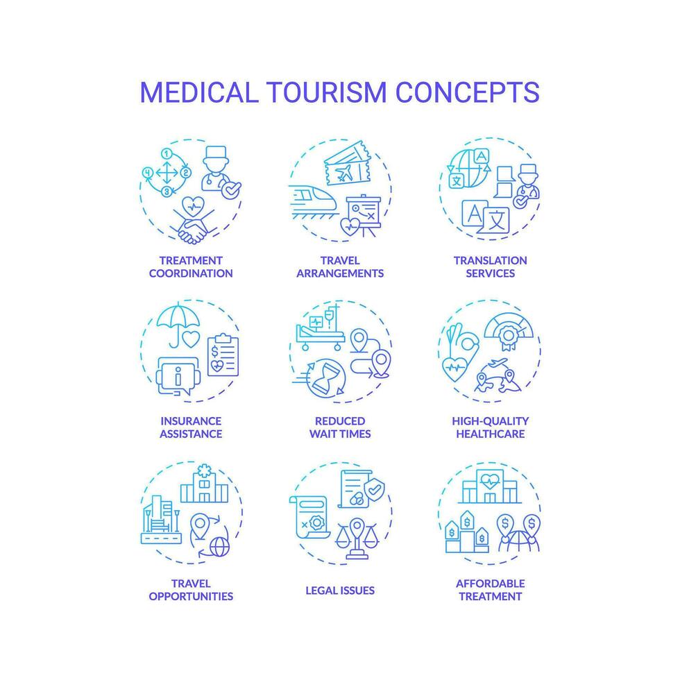 Set of 2D creative gradient thin line icons representing medical tourism, isolated vector, linear illustration. vector