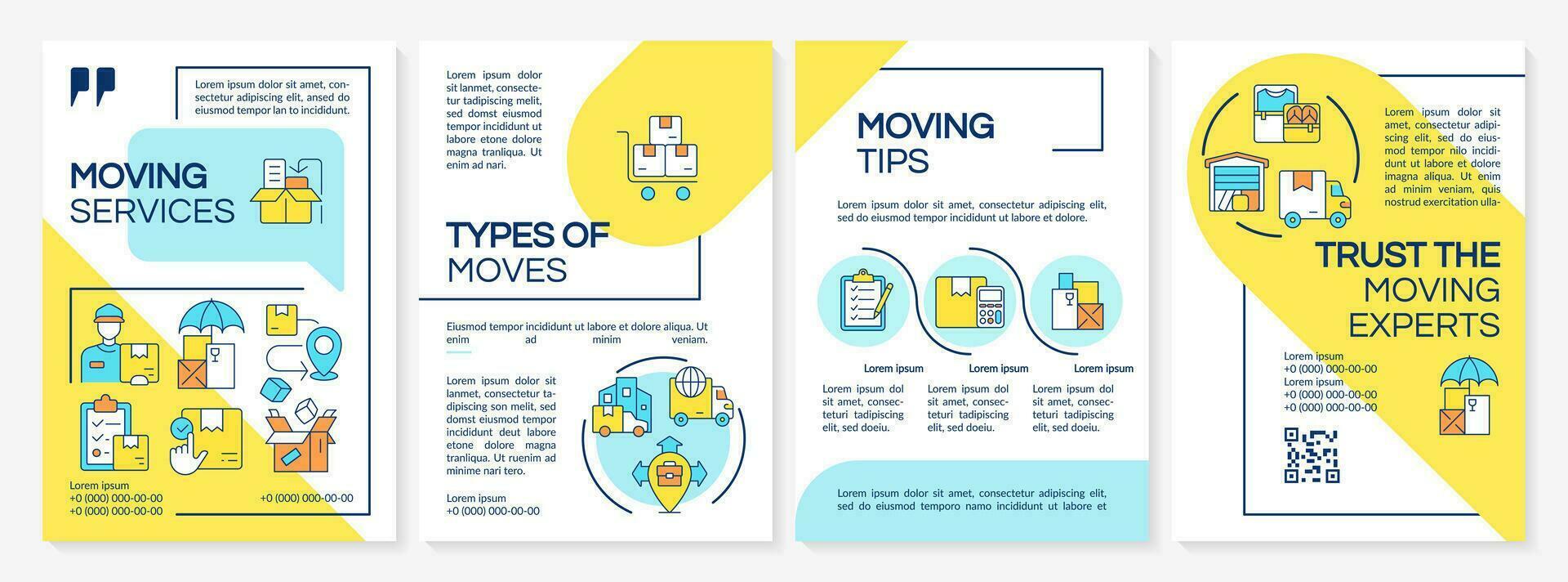 2D colorful moving service brochure template, leaflet design with thin linear icons, 4 vector layouts.