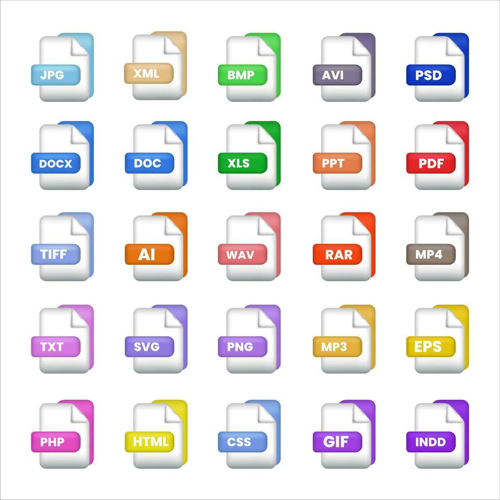 file format labels icon set vector illustration. Various file formats vector icon illustration colorful set