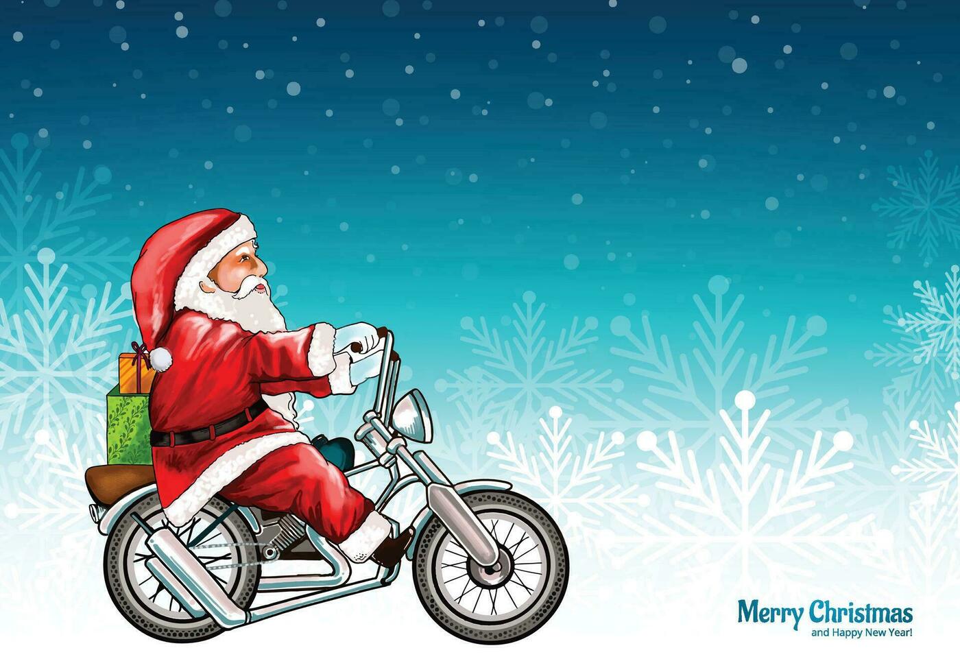 Merry christmas and happy new year with santa claus on riding a bike card background vector