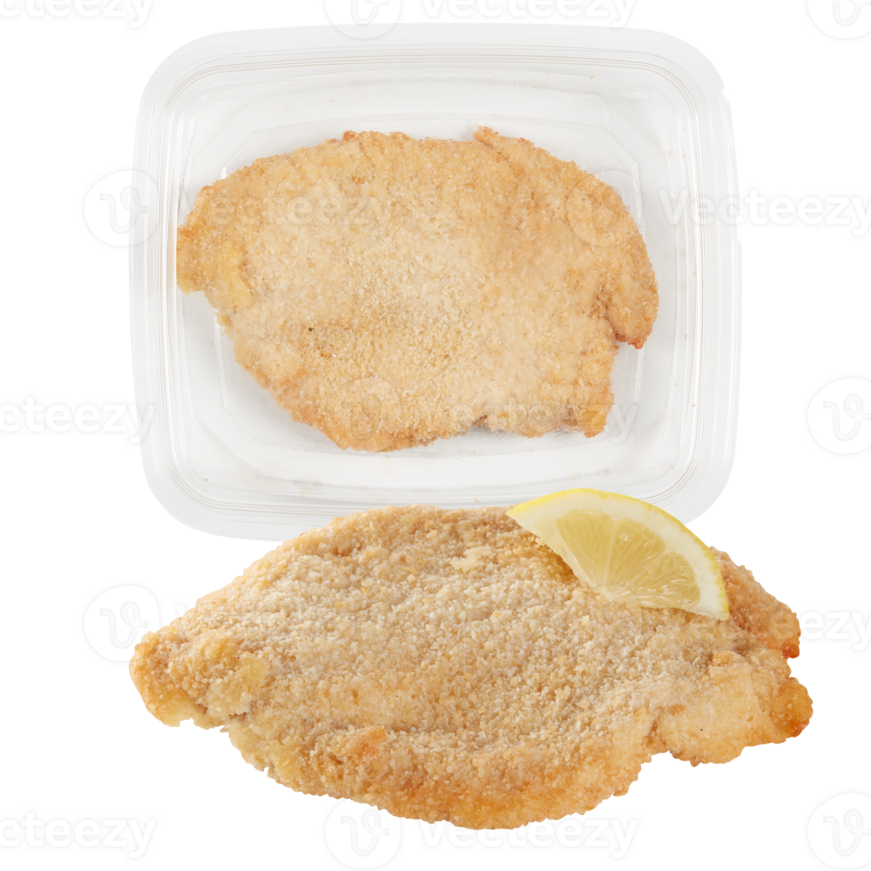 Crispy breaded and fried chicken meat cut out isolated transparent background png