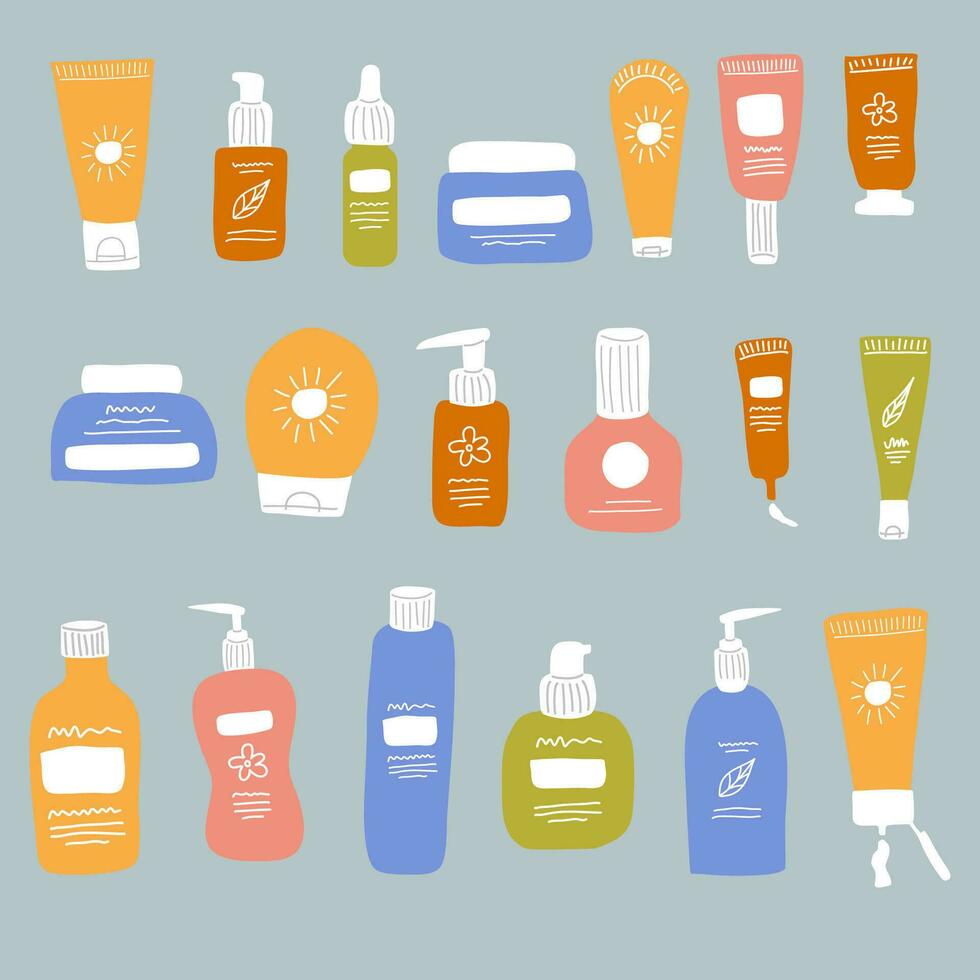Skincare products in colorful bottles, tubes, jars vector flat illustration. Trendy hand drawing doodle style