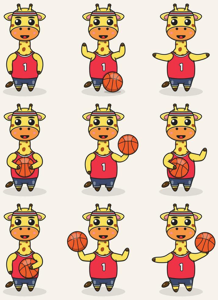 Giraffe Basketball set. Funny Giraffe doing Basketball. Cute cartoon character vector set isolated on a white background. Cartoon animal sport. Animal cartoon.