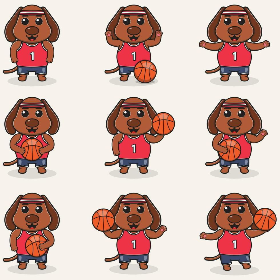 Dog Basketball set. Funny Dog doing Basketball. Cute cartoon character vector set isolated on a white background. Cartoon animal sport. Animal cartoon.