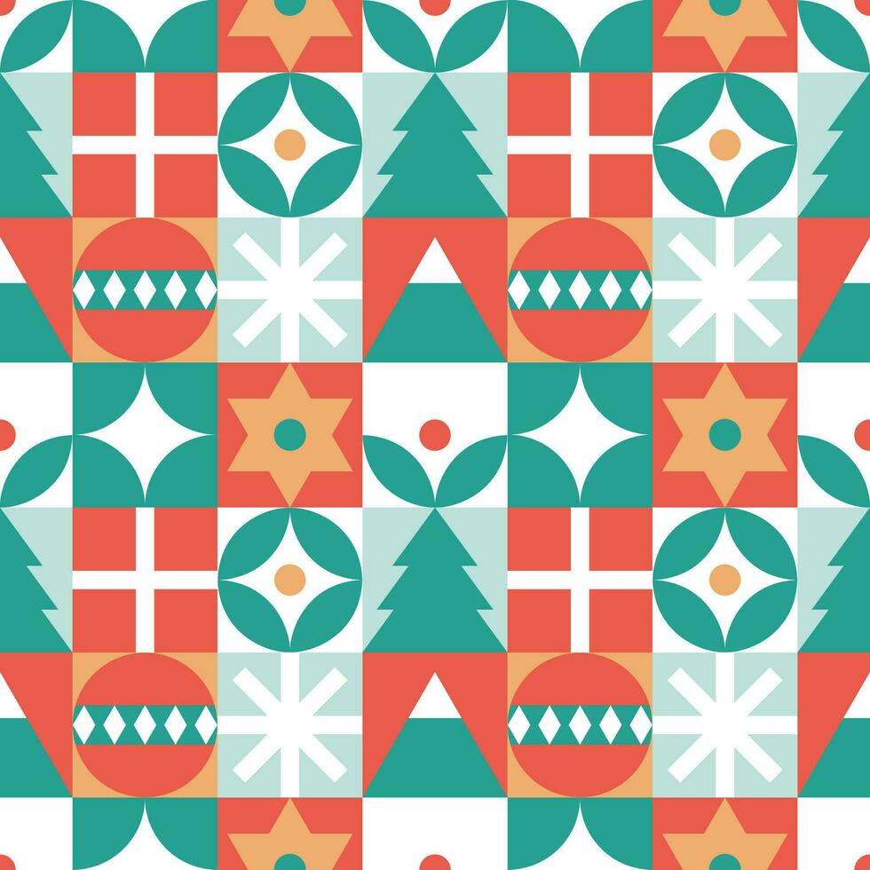 Bauhaus-Style Christmas pattern - trendy colored mosaic texture. Geometric seamless pattern with winter elements. Christmas decoration in Scandinavian style. New year texture. vector