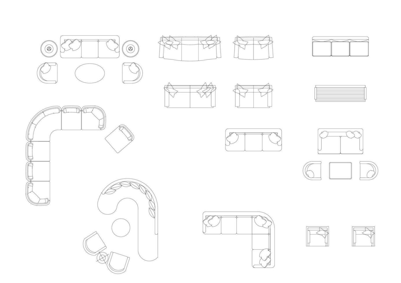 mueble icono interior plan vista, parte superior conjunto vector. arquitectura casa sofá línea, hogar, describir, departamento, recopilación, aislado, disposición, diseño, proyecto, Plano. vector