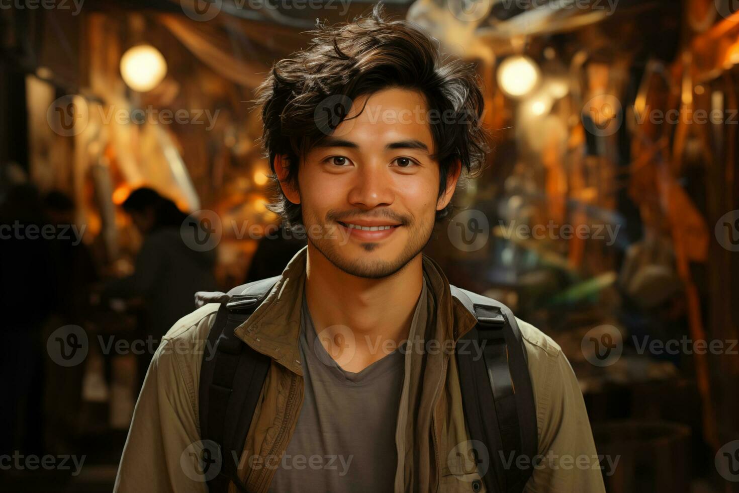 AI generated portrait of smiling young man with backpack a blurred urban background photo