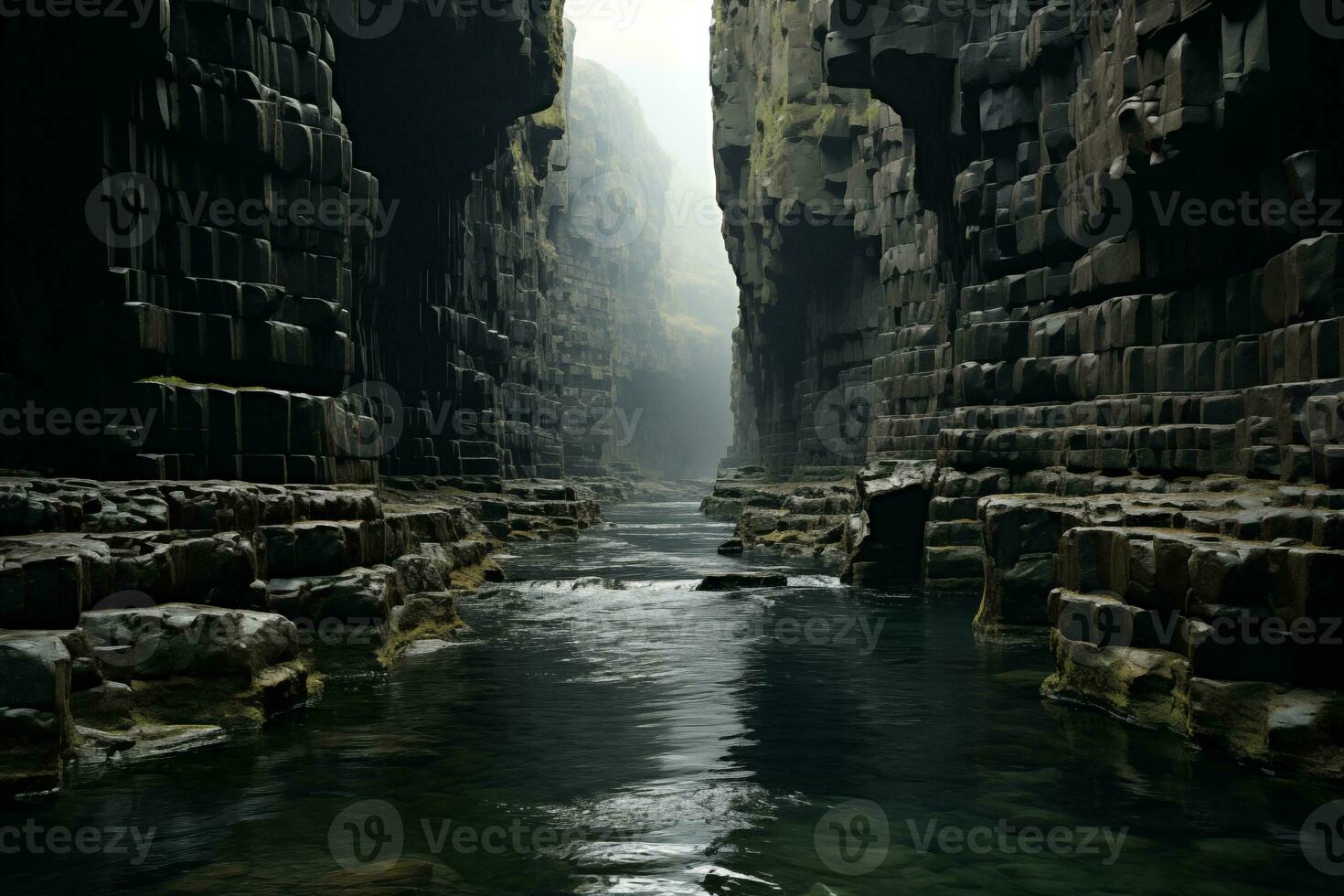 AI generated beautiful view of the deep canyon with stream in the mountains photo