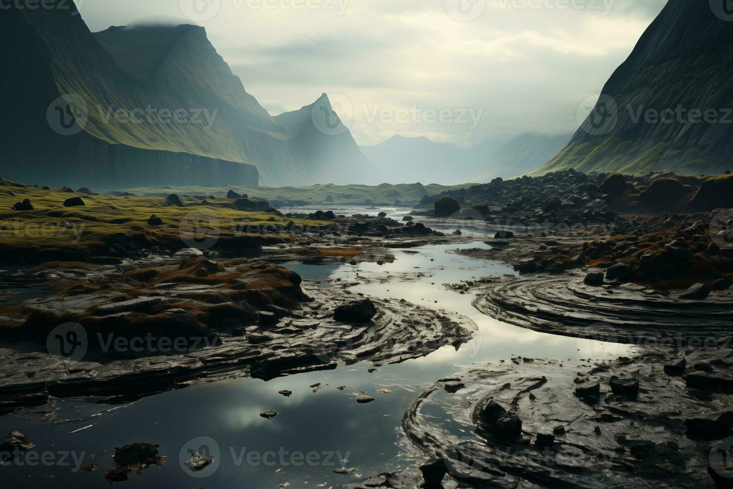 AI generated mountain landscape, view in the caldera of an extinct volcano with basalt rocks photo
