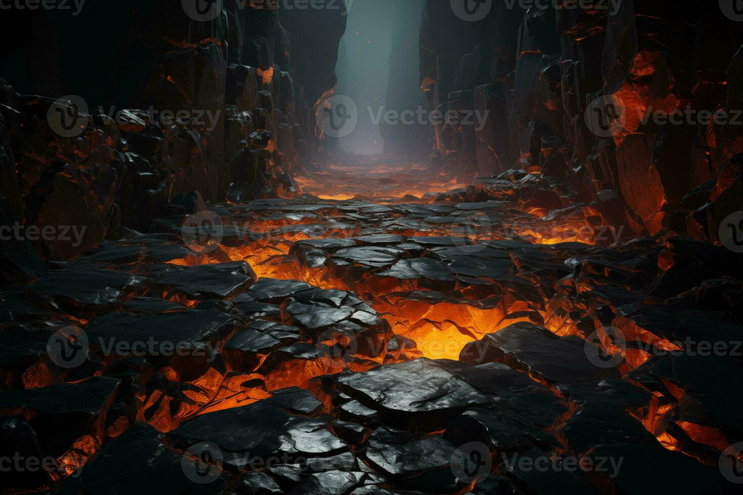 AI generated magma in an underground cavity, volcanic lava in a fissure during an eruption photo