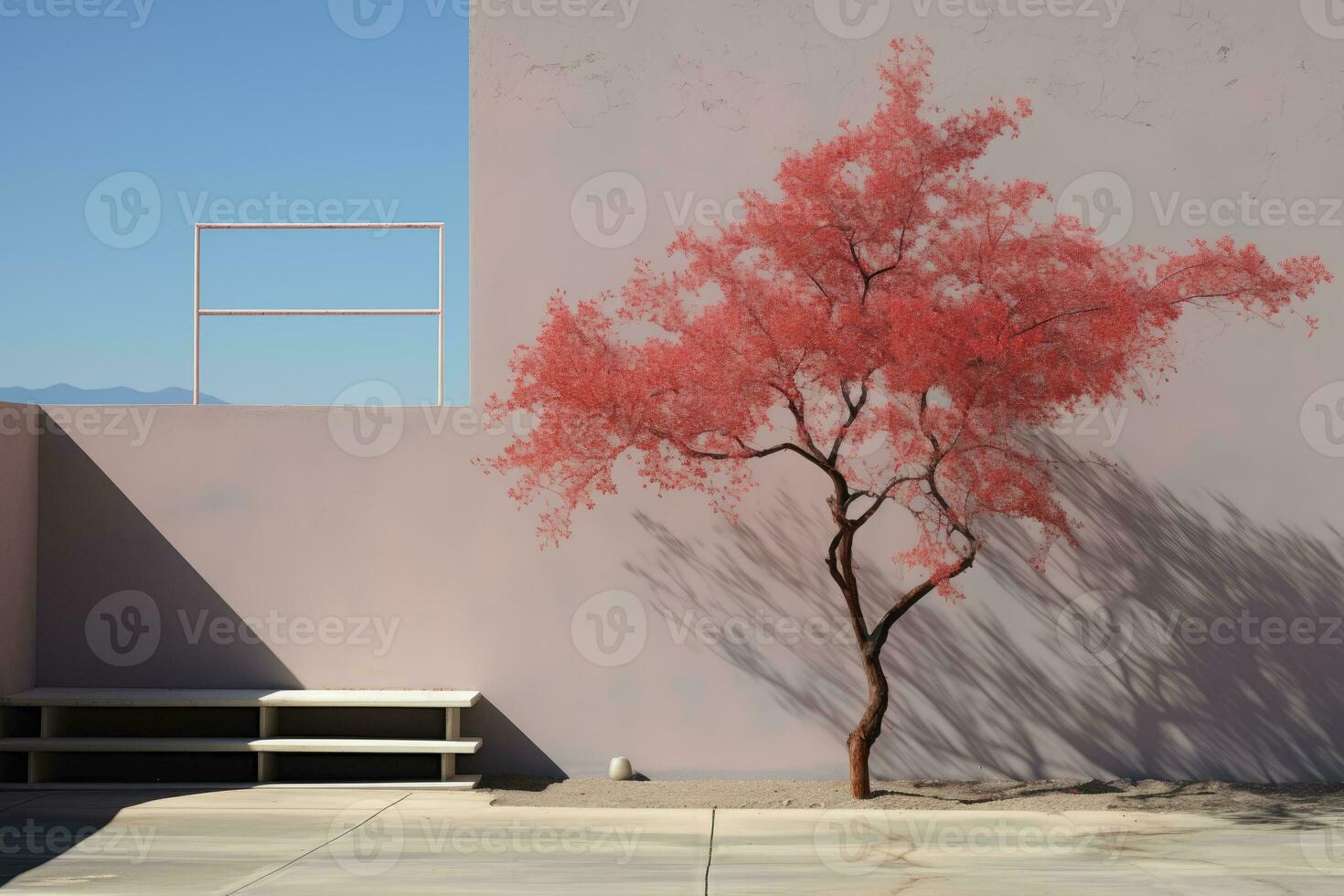 AI generated minimalistic landscape of a modern terrace with a pink blooming tree photo