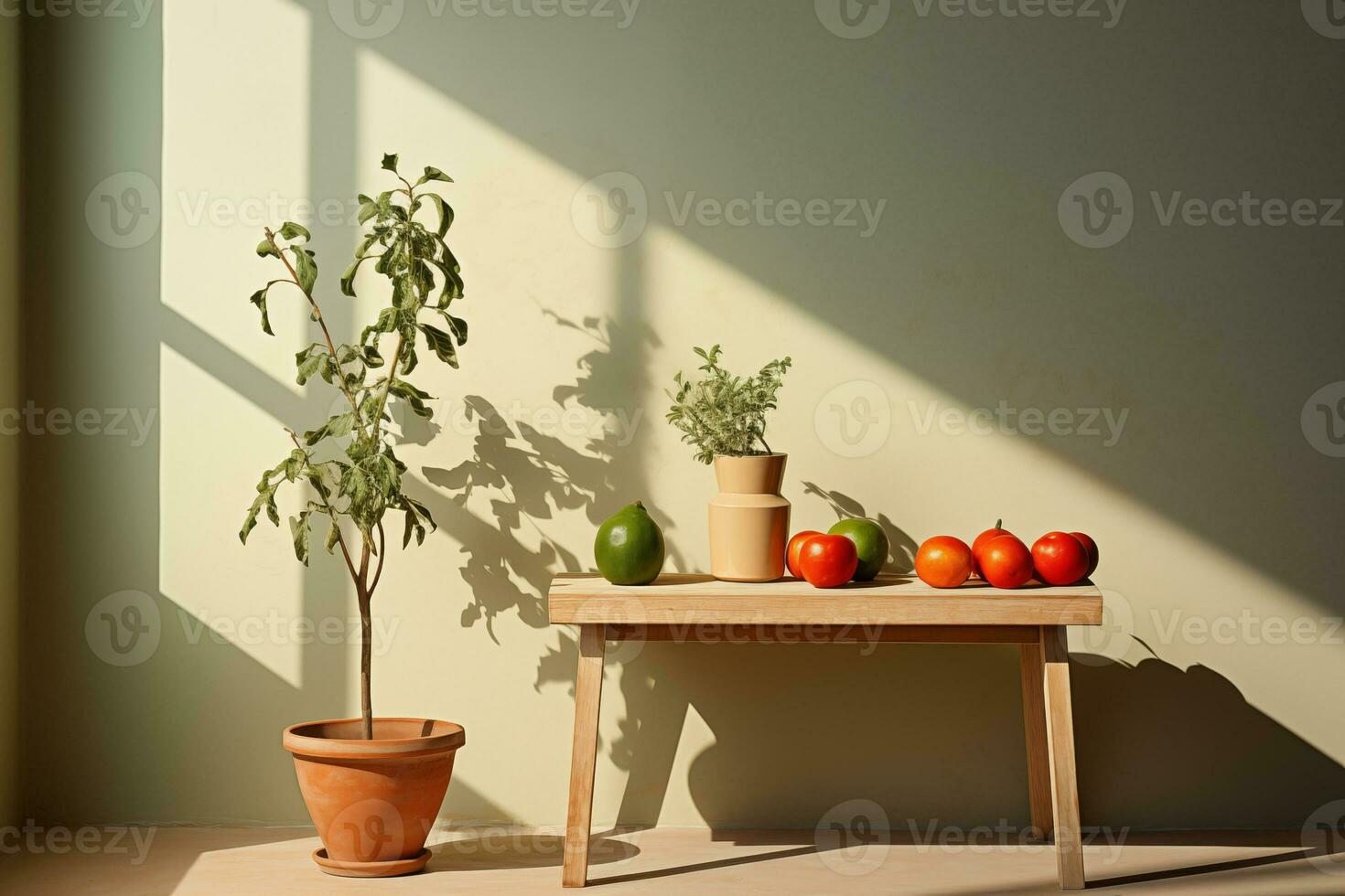 ai generado frutas en un mesa y árbol en un maceta en un habitación con verde paredes, minimalista interior antecedentes foto